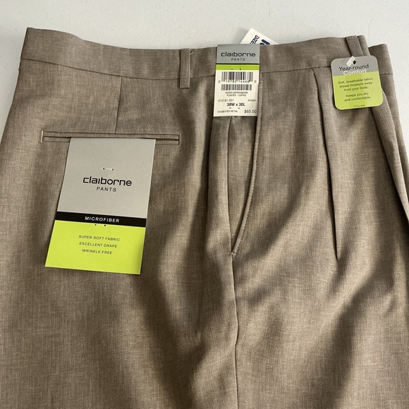 Claiborne Other - Claiborne‎ Pants Mens 38x30 Beige Khaki Polyester-Herringbone Pleated Cuffed NWT